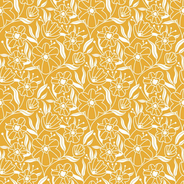Patrón sin costuras con flores dibujadas a mano en estilo garabato sobre un fondo amarillo. Fondo de vector sin costura para tela, textil, ropa, embalaje - Vector, Imagen