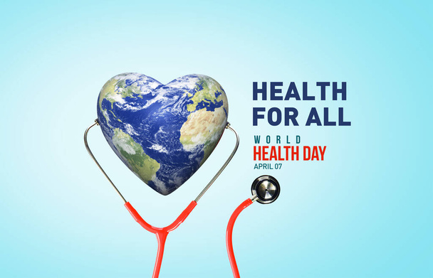 Egészség mindenkinek. Egészségügyi Világnap 2023 koncepció háttér. Egészségügyi Világnap 3D-s koncepció szöveges tervezés orvos sztetoszkóppal. - Fotó, kép