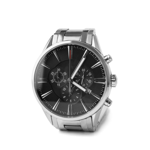 Men's wrist watch with a black dial, chronograph and a metal bracelet on a white background. Accessories for men, businessmen. - Fotó, kép
