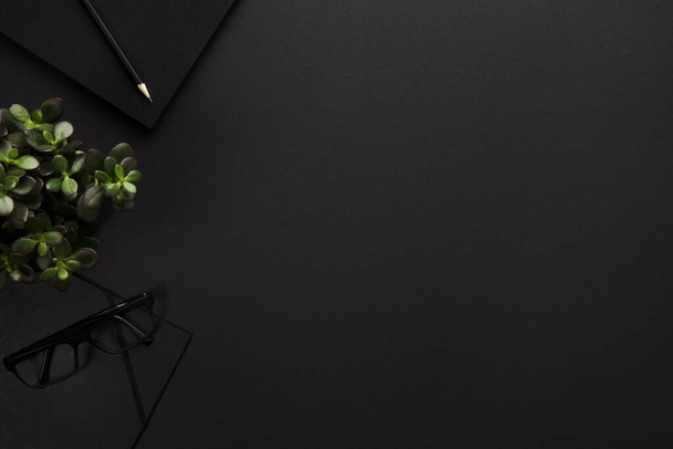 Magas szög kilátás fekete irodai asztal asztal notebook, a készletek és a zöld növény. Szemközti nézet másol hely - Fotó, kép