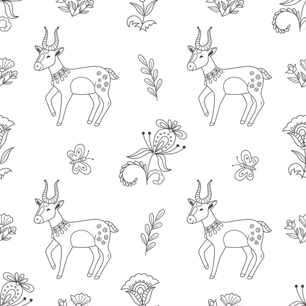 Vector fairy seamless pattern with flowers and deer in folk style on a white background - Vetor, Imagem