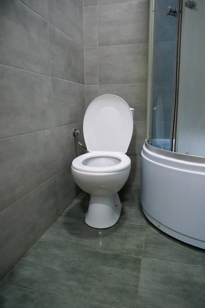 Toilet room interior with white toilet bowl, shower cabin and grey wall tiles - Foto, imagen