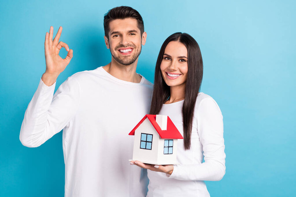 Photo portrait of attractive young male female hold small house show okey sign dressed stylish white look isolated on blue color background. - Foto, Imagem