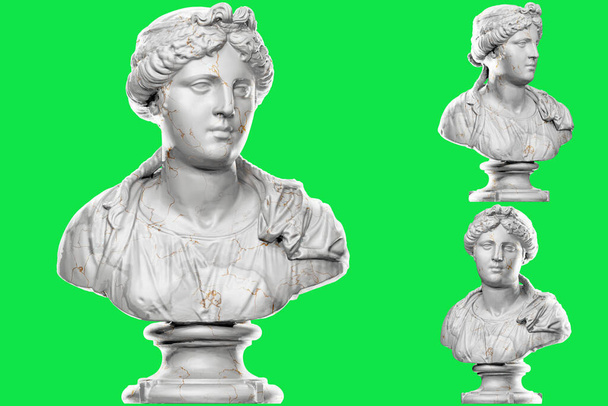 3D визуализация бюста статуи молодой женщины с каменной текстурой и золотыми акцентами. Идеально подходит для проектов женского дизайна - Фото, изображение