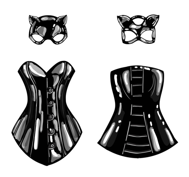 latex cat and rabbit mask. black latex. female corset. fetish. - Vektor, obrázek