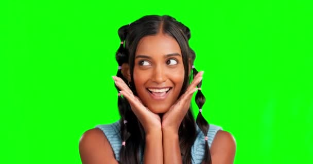 Happy surprise, gen z and green screen portrait of a woman in a studio background with fashion emoji. Young female, excited and happiness of a model feeling stylish with trendy and a smile. - Filmagem, Vídeo