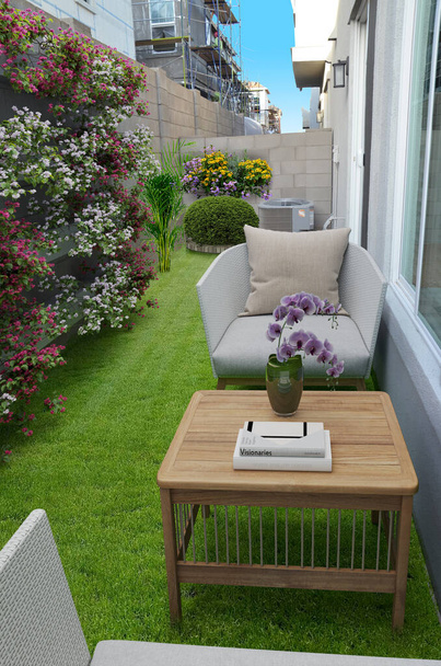 красивий двір будинку з зеленим газоном і стільцями, 3d візуалізація дизайну
 - Фото, зображення