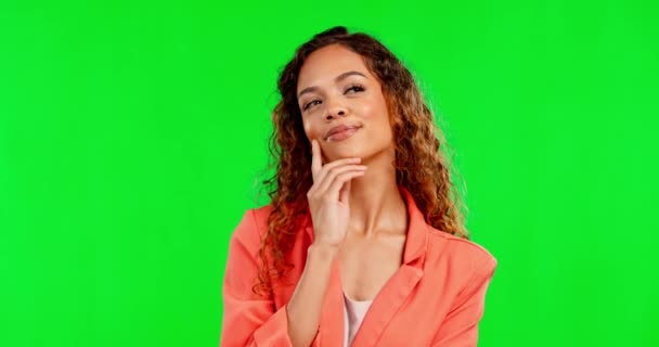 Thinking, idea and woman in studio pensive, unsure and ponder against a green screen background. Contemplating, decision and girl wondering, consider and option while posing on isolated mockup space. - Filmagem, Vídeo