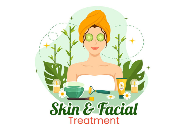 Illustration de traitement du visage et de la peau avec des femmes Soins de la peau, procédure anti-âge, massage ou bien-être SPA dans des modèles dessinés à la main à dessin animé plat - Vecteur, image