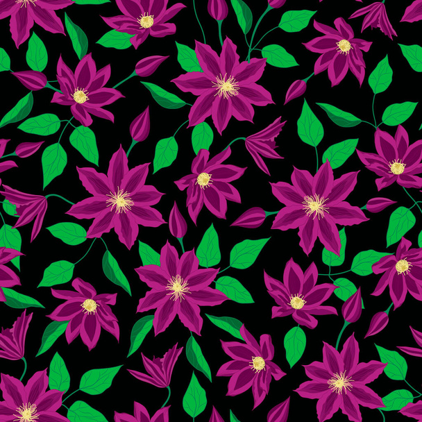Raster illustration. Purple clematis flower on black background seamless repeat pattern. - 写真・画像