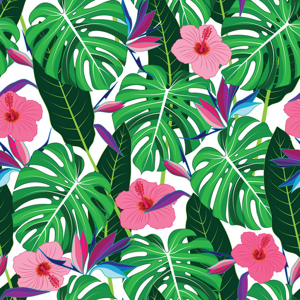 Ilustración vectorial. Hojas tropicales y flores patrón de repetición sin costuras. - Vector, Imagen