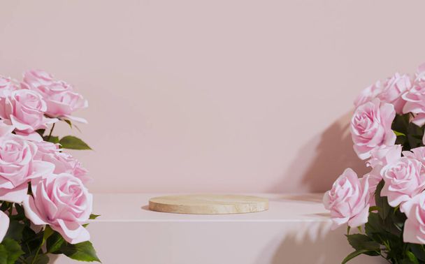 3D růžové pozadí s růžovým zlatým podnosem, váza květiny a tropické dovolené. Luxusní organická krása, móda, šperky, kosmetický výrobek. 3D vykreslování šablony s obrázkovým rámcem - Fotografie, Obrázek