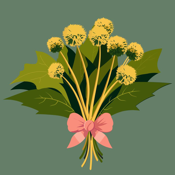 Taraxacum Or Dandelion Bouquet Tied With Peach Bow Ribbon On Green Background. - Вектор, зображення