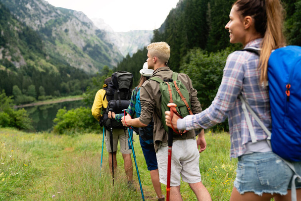 Backpacker camping hiking journey travel outdoor trekking concept - Fotoğraf, Görsel