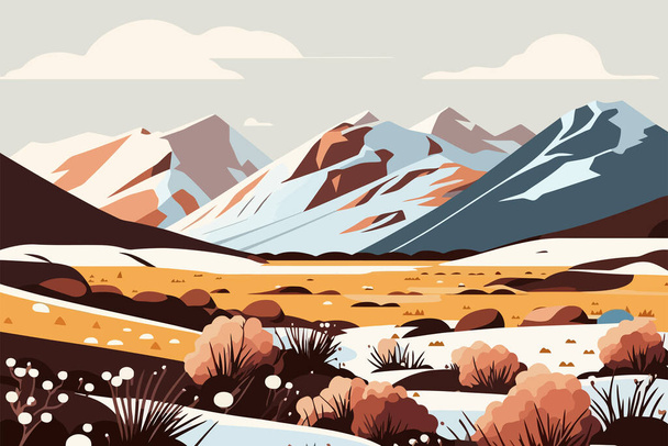 Wüstenlandschaft mit Bergen. Vektorillustration im flachen Cartoon-Stil. Tundra mit verschneiten Feldern - Vektor, Bild