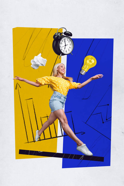 Vertical collage image of positive mini girl run jump big ring bell clock crumpled paper light bulb bright idea. - Fotografie, Obrázek