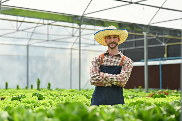 Successful farmer in apron standing with arms crossed in hydroponic greenhouse. Agriculture business - Foto, Bild