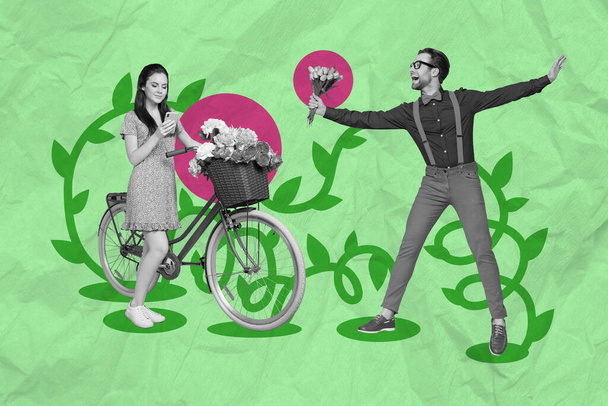 Composite collage picture of black white gamma guy hold flowers bouquet greeting girl bicycle use smart phone isolated on green background. - Foto, immagini