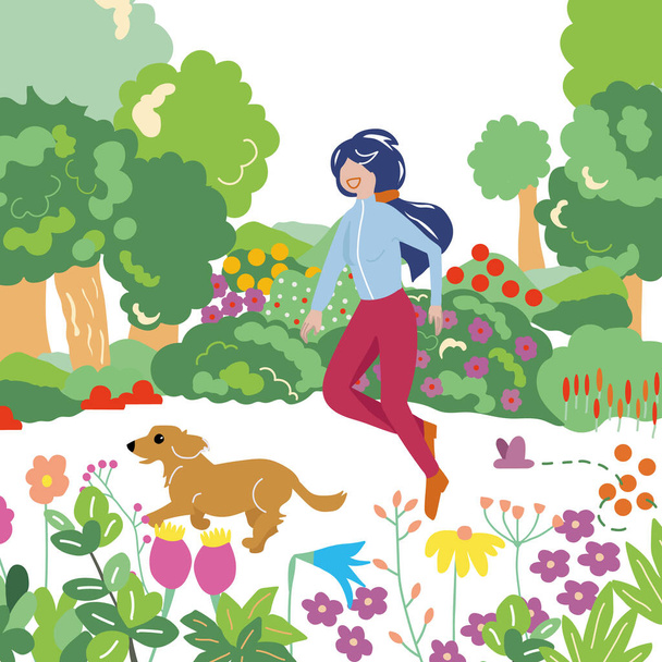 Весна на векторной иллюстрации парка. Женщина бегает с собакой. Весенняя и летняя иллюстрация. Цифровое искусство с деревьями, цветами и полевыми цветами - Вектор,изображение