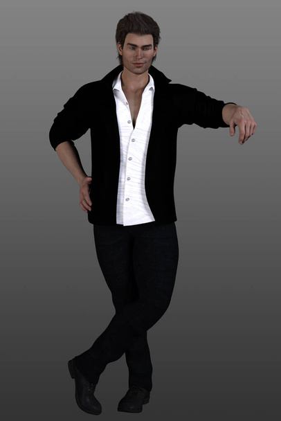 férfi visel elegáns fehér ing és kabát, áll a stúdióban, teljes hossz. - Fotó, kép