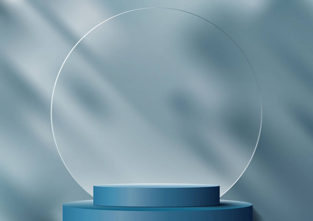 3D realistische moderne lege blauwe cilinder podium staan product display met cirkel transparante glazen achtergrond en blad schaduw lichtblauwe achtergrond. U kunt gebruiken voor cosmetische mockup presentatie, promotie verkoop en marketing, etc, Vector illustratie - Vector, afbeelding