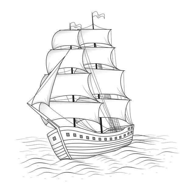 vintage ship with sails and the sea - Vector, Image