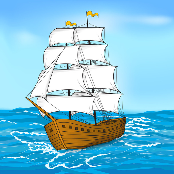 Oldtimer-Segelschiff auf See und am Himmel - Vektor, Bild