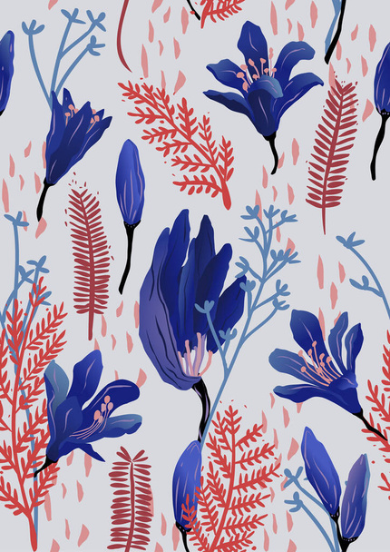 Patrón vectorizado de flores azules con ramitas rojas, Agapanthus, flor del amor o corona del rey. Agapanthus africanus - Vector, imagen