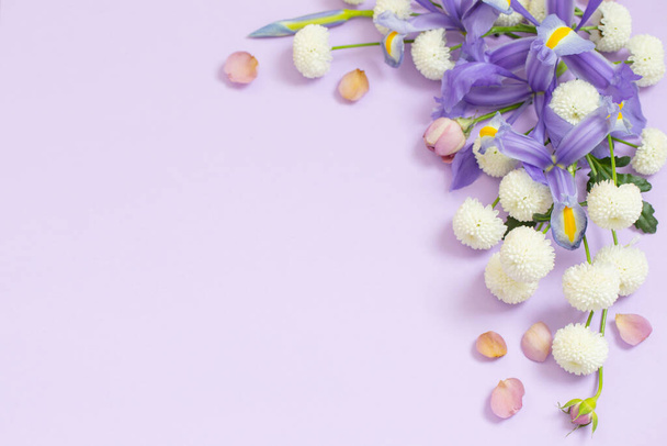 beautiful flowers on purple paper background - 写真・画像