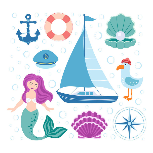 vector set of cute nautical elements, cartoon mermaid character, ship, seagull, shells, marine hat and lifebuoy isolated on white background, summer adventure concept - ベクター画像