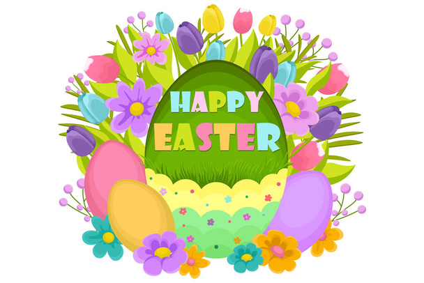 Ilustração da Páscoa com flores, ovos de Páscoa, folhas, inscrição de saudação, Páscoa feliz, fundo, bandeira, cartão sazonal, primavera, Vetor   - Vetor, Imagem