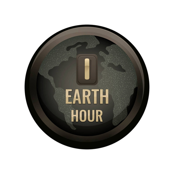  Η έννοια της παγκόσμιας γήινης ώρας. Εικονογράφηση με πλανήτη και ηπείρους, κουμπί off, διάνυσμα  - Διάνυσμα, εικόνα