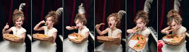 Σύνολο πορτρέτα του μικρού κοριτσιού, παιδί κατ 'εικόνα του μεσαιωνικού βασιλικού προσώπου τρώει πίτσα. Νόστιμο. Έννοια του ιστορικού ριμέικ, σύγκριση εποχών, μεσαιωνική μόδα, συναισθήματα, παιδική ηλικία - Φωτογραφία, εικόνα