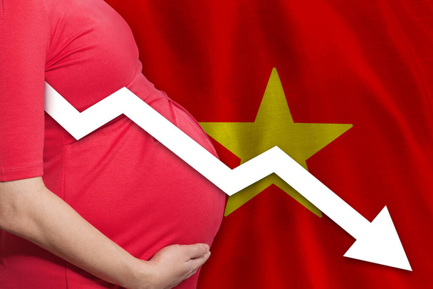 Mulher grávida vietnamita no fundo da bandeira. Queda da taxa de fertilidade no Vietname - Foto, Imagem