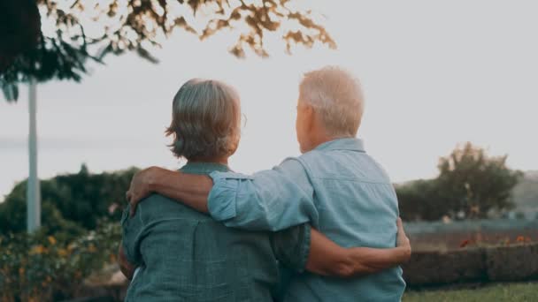 Filmaufnahmen von schönen romantischen Senioren-Paar umarmen sich im Park bei Sonnenuntergang - Filmmaterial, Video