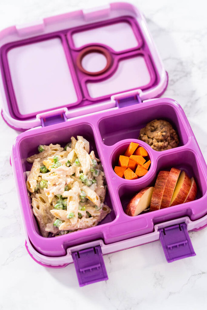 Boîte à lunch scolaire avec salade de macaronis au poulet et pommes. - Photo, image