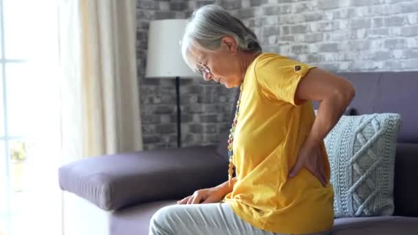 felvétel idős nő alsó hátfájás ül a kanapén - Felvétel, videó