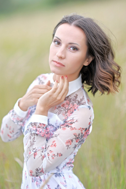beautiful elegant brunette girl in a field - Foto, Imagen