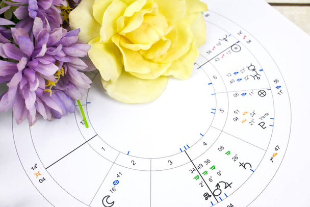 Printed astrology birth chart and white roses, workplace of astrology, spiritual, The callings, hobbies and passion, blueprints and life mapping - Valokuva, kuva