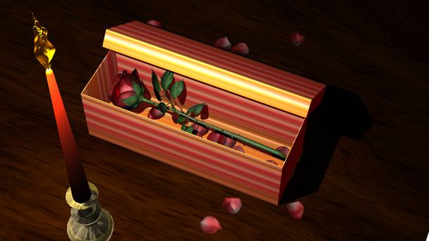 キャンドルと花びらのギフト ボックスに赤いバラ - 写真・画像
