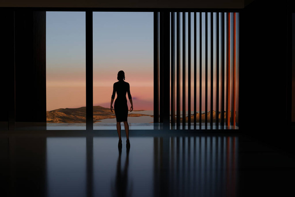 Silhouette di una donna elegante in un abito corto con la schiena girata guardando attraverso una finestra verso un rendering lake.3d - Foto, immagini