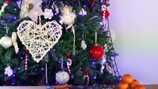 Auf dem Hintergrund des Weihnachtsbaums liegen Ingwerplätzchen und weihnachtliche Gewürze. Langsame Kamerafahrt. Das Konzept von Neujahr und Weihnachten. Urlaubsstimmung. Tanne mit Lichterketten. - Filmmaterial, Video