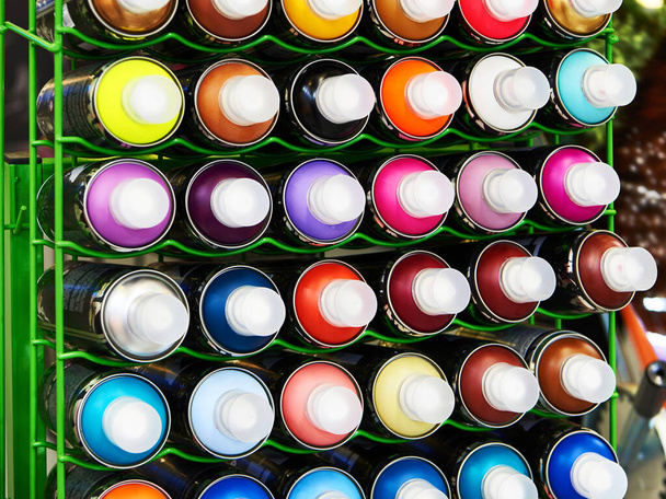Multicolored cans of graffiti paint in a store - Fotografie, Obrázek