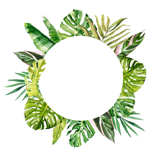 Акварель рука намальована тропічним листям тропічних лісів шаблон рамки букетного кола. Ботанічна ілюстраційна картка ізольована на білому тлі. Ручне розфарбоване акварельне квіткове кліп-арт - Фото, зображення