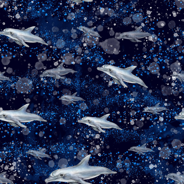 Hand drawn graphic dolphins. Flying dolphins seamless pattern. Dolphin under the sea abstract background. Splashes, ink stain, paint texture. - Foto, Bild