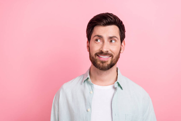 Photo portrait of nice young male toothy beaming smile look empty space dressed stylish blue clothes isolated on pink color background. - Photo, Image