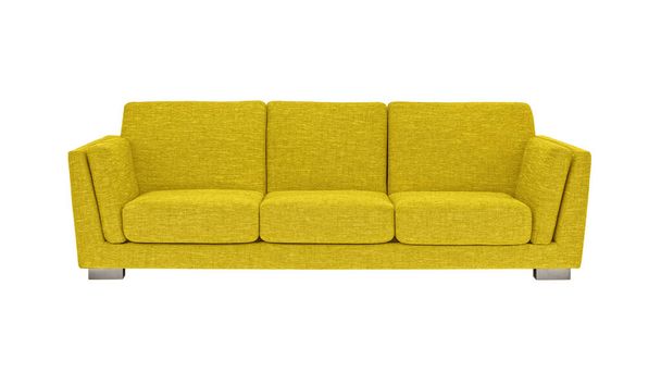 Sofá de tecido amarelo em pernas de metal escovado isolado no fundo branco com caminho de recorte. Série de móveis - Foto, Imagem