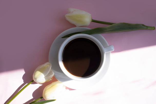 Cup of coffee, tulip flower on a colored background - Photo, image