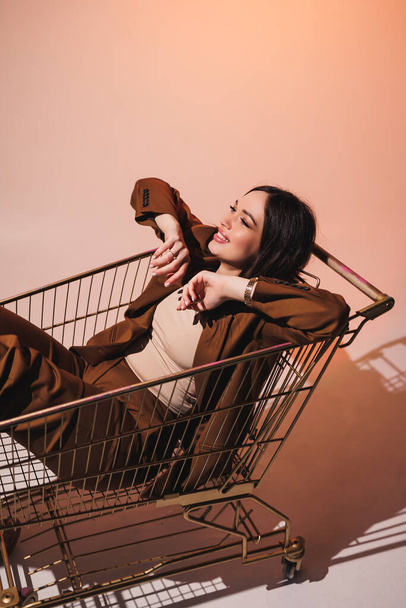 Beautiful elegant young woman model in nice stylish brown suit posing in shopping cart on gray background. Young elegant woman in a suit - Photo, Image