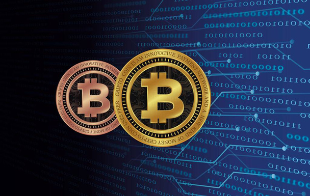 εικόνες του λογότυπου bitcoin-btc σε ψηφιακό φόντο. 3D εικονογραφήσεις. - Φωτογραφία, εικόνα
